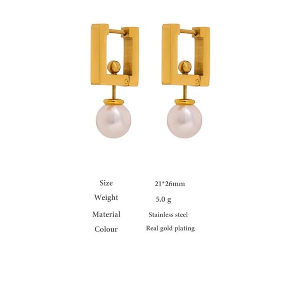 NWOT Classy/Elegant Stainless Steel Square Hoop Earrings
Faux Pearls in Gold - Picture 7 of 12